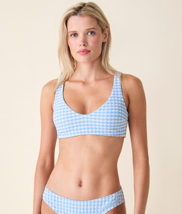 The Delray Bikini Top - Crinkle Gingham - Sky Gingham